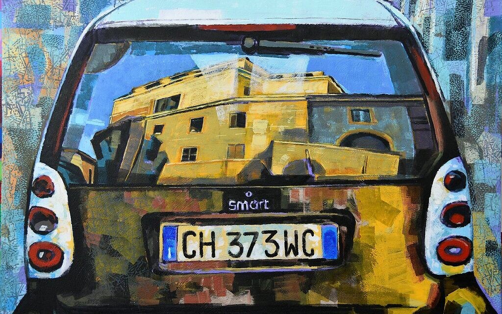 Un dessin illustrant le reflet de maisons sur le pare-brise d'une voiture (Autorisation : David Gerstein)