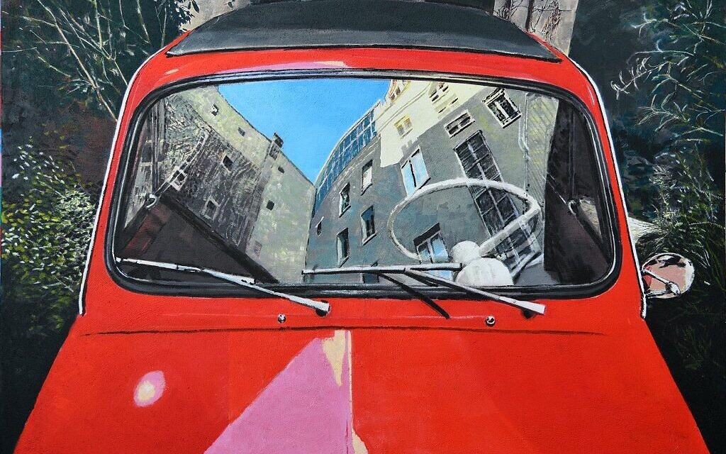 Un dessin illustrant un reflet de maisons et d'arbres sur le pare-brise d'une voiture (Autorisation : David Gerstein)