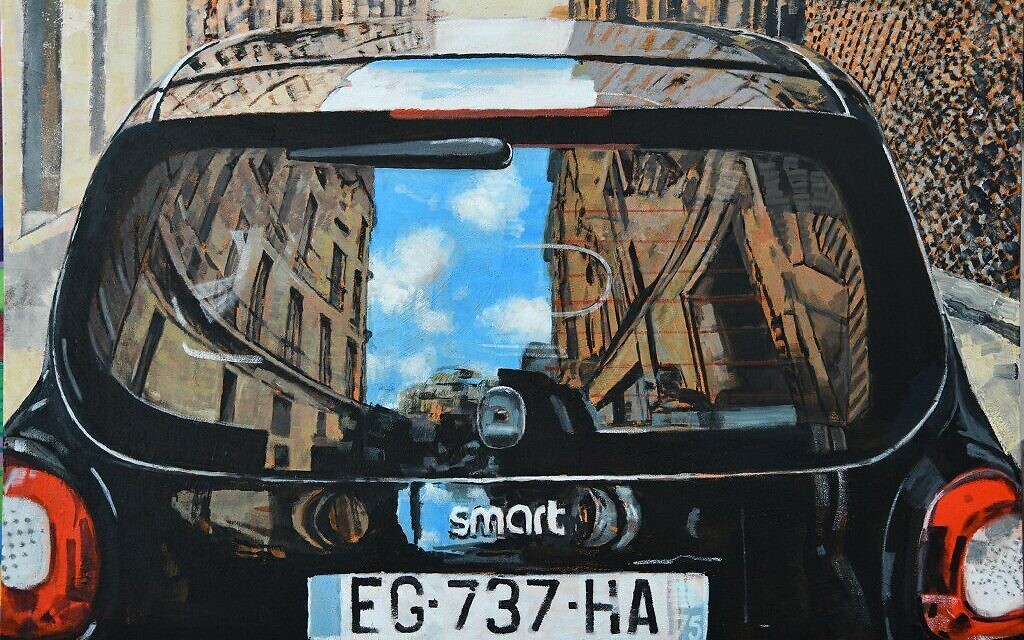 Un dessin illustrant le reflet de maisons sur le pare-brise d'une voiture (Autorisation : David Gerstein)