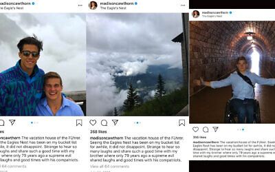 Capture d'écran du compte Instagram de Madison Cawthorn avec les photos de vacances passées en 2017 dans une résidence de vacances nazie qui avait été fréquemment utilisée par Hitler (Capture d'écran : Twitter via JTA) Capture d'écran du compte Instagram de Madison Cawthorn avec les photos de vacances passées en 2017 dans une résidence de vacances nazie qui avait été fréquemment utilisée par Hitler (Capture d'écran : Twitter via JTA)