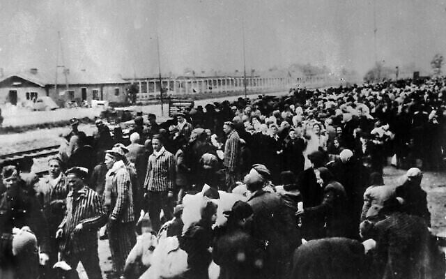 Des victimes à destination du camp de concentration d'Auschwitz, alignées à la gare à l'arrivée à Auschwitz. Une photographie prise par les nazis au début de la Seconde Guerre mondiale. (AP PHOTO/FILE)