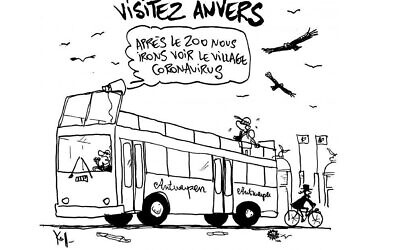 Des vautours volent au-dessus d'un homme juif à Anvers, en Belgique, dans une caricature du 7 août 2020 que des critiques affirment être antisémite. 
(Pierre Kroll/Le Soir via JTA)