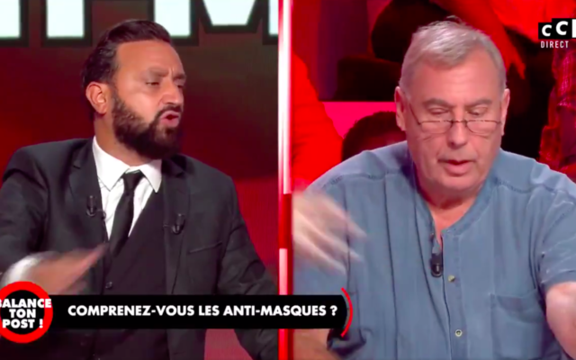 L’animateur Cyril Hanouna et le pneumologue Patrick Bellier ce jeudi soir dans l’émission « Balance ton post » sur la chaine C8. (Crédit : Capture d’écran Balance ton Post / Twitter)