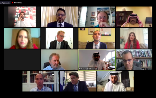 Capture écran d'un webinaire au cours duquel des fonctionnaires et des communicants israéliens ont discuté du rôle des médias dans l'avancement de la paix israélo-arabe avec des professionnels des médias de pays arabes, le 21 septembre 2020 (Autorisation)