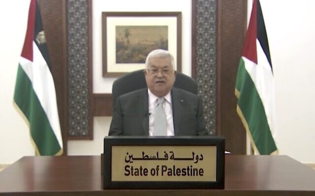 Le chef de l'Autorité palestinienne Mahmoud Abbas lors d'un discours préenregistré devant l'Assemblée générale des Nations unies, le 25 septembre 2020. (Capture d'écran : ONU) Le chef de l'Autorité palestinienne Mahmoud Abbas lors d'un discours préenregistré devant l'Assemblée générale des Nations unies, le 25 septembre 2020. (Capture d'écran : ONU)