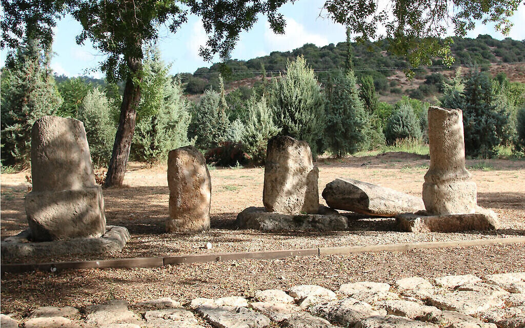 Des bornes en pierre romaines, dont deux gravés, au jardin archéologique de Givat Yeshayahu archaeological garden. Elles ont été placés ici après avoir été découvertes lors de fouilles le long de l'autoroute 38. (Shmuel Bar-Am)