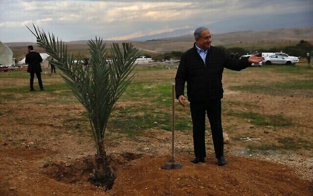 Le Premier ministre Benjamin Netanyahu se prépare à planter un arbre lors d'un événement organisé à l'occasion de la fête juive de Tu BeShvat, dans l'implantation juive de Mevoot Yericho, en Cisjordanie, près de la ville de Jéricho, le 10 février 2020. (Crédit : AP/Ariel Schalit) Le Premier ministre Benjamin Netanyahu se prépare à planter un arbre lors d'un événement organisé à l'occasion de la fête juive de Tu BeShvat, dans l'implantation juive de Mevoot Yericho, en Cisjordanie, près de la ville de Jéricho, le 10 février 2020. (Crédit : AP/Ariel Schalit)