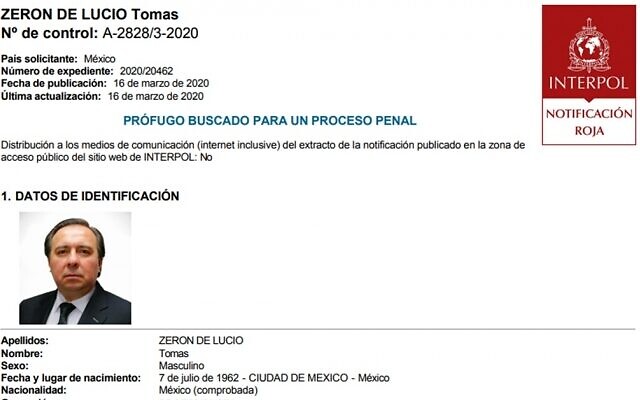 La fiche Interpol de Tomas Zeron, accusé d'irrégularités dans l'enquête qu'il dirigeait sur la disparition en 2014 de 43 étudiants mexicains. (Interpol) La fiche Interpol de Tomas Zeron, accusé d'irrégularités dans l'enquête qu'il dirigeait sur la disparition en 2014 de 43 étudiants mexicains. (Interpol)