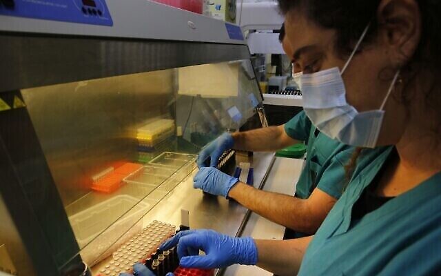 Des techniciens de laboratoire analysent des échantillons de patients suspectés d'être atteints de Covid-19 au laboratoire de virologie clinique de l'hôpital Hadassah Ein Kerem à Jérusalem, le 30 septembre 2020. (GIL COHEN-MAGEN / AFP) Des techniciens de laboratoire analysent des échantillons de patients suspectés d'être atteints de Covid-19 au laboratoire de virologie clinique de l'hôpital Hadassah Ein Kerem à Jérusalem, le 30 septembre 2020. (GIL COHEN-MAGEN / AFP)