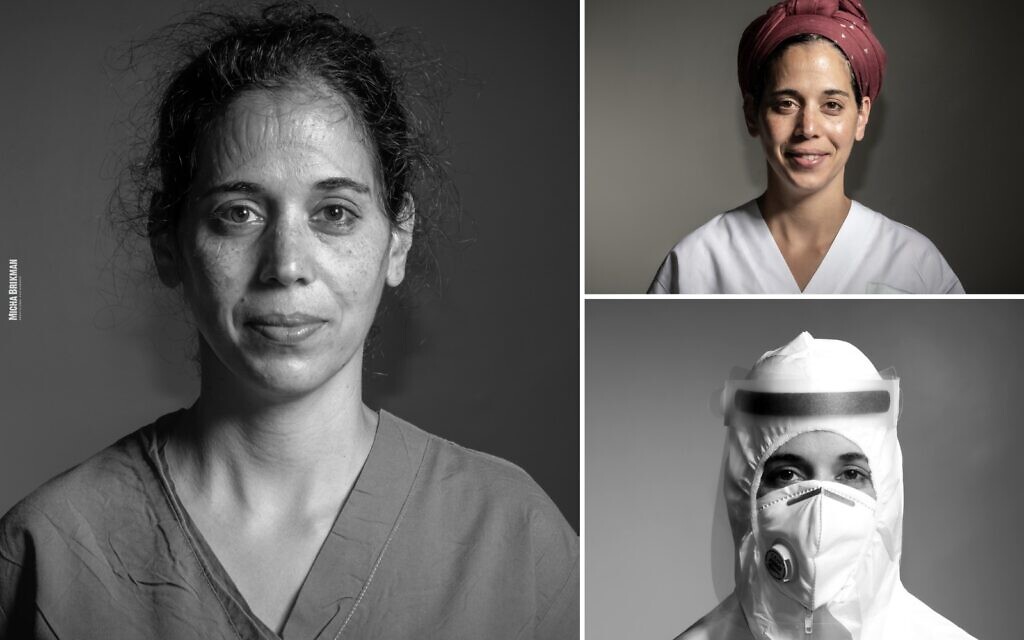 L'infirmière en chef Aya Eshel au sein de l'unité de coronavirus du centre médical Bnai Zion de HaIfa : Après son service (à gauche); avant son service (en haut à droite) et avant d'entrer dans l'unité (en bas, à droite). (Autorisation : Micha Brinkman)