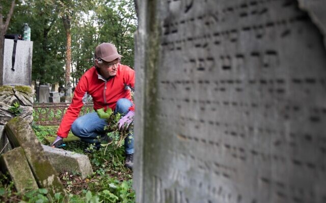 Un bénévole nettoie l'ancien cimetière juif de Waehring, à Vienne, le 18 octobre 2020. (Crédit : ALEX HALADA / AFP)