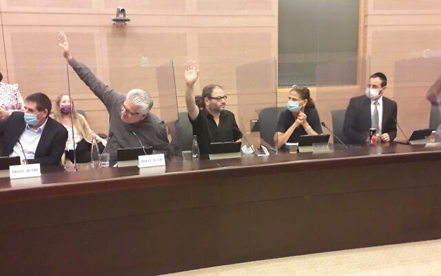 La commission de la Constitution, du droit et de la justice approuve le prolongement du confinement national jusqu'au 18 octobre à la Knesset, à Jérusalem, le 18 octobre 2020. (Crédit : Bureau du porte-parole de la Knesset)