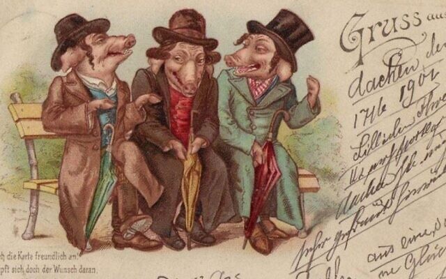 Illustration : Une carte postale du XIXe siècle aux dessins antisémites de la collection Langerman. (Crédit : CCLJ) Illustration : Une carte postale du XIXe siècle aux dessins antisémites de la collection Langerman. (Crédit : CCLJ)