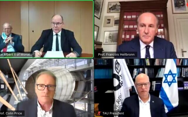 Le Prince Albert II de Monaco, le professeur François Heilbronn, Le professeur Colin Price et le professeur Ariel Porat. (Crédit : Canadian Friends of Tel-Aviv University)
