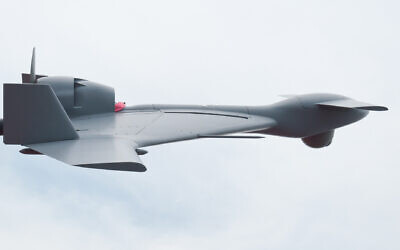 Une vue de profil du drone Harop d'Israel Aerospace Industries au salon du Bourget en 2013. (Crédit : Wikipedia/Julian Herzog/CC BY)