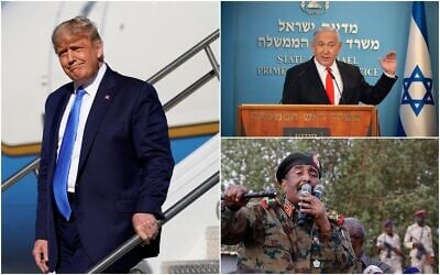 Le président américain Donald Trump, à gauche, quitte Air Force One à l'aéroport international de Reno-Tahoe le 18 octobre 2020, à Reno, Nevada. (AP / Alex Brandon) / Le général soudanais Abdel Fattah al-Burhan, en bas à droite, chef du conseil militaire, prend la parole lors d'un rassemblement soutenu par l'armée, dans le district d'Omdurman, à l'ouest de Khartoum, au Soudan, le 29 juin 2019. (AP / Hussein Malla) / Le Premier ministre Benjamin Netanyahu, en haut à droite, s'exprime lors d'un briefing sur le développement du coronavirus dans son bureau de Jérusalem, le 13 septembre 2020. (Alex Kolomiensky / Yedioth Ahronoth via AP, Pool)