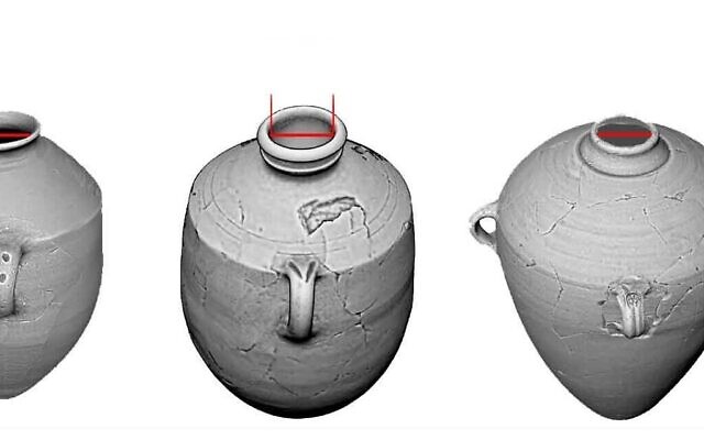 De gauche à droite : Jarres de stockage de Khiyife, Hippo, Lmlk (Lamelekh). Le diamètre de l'embouchure, ou "tefah" est indiqué en rouge. (Université hébraïque)