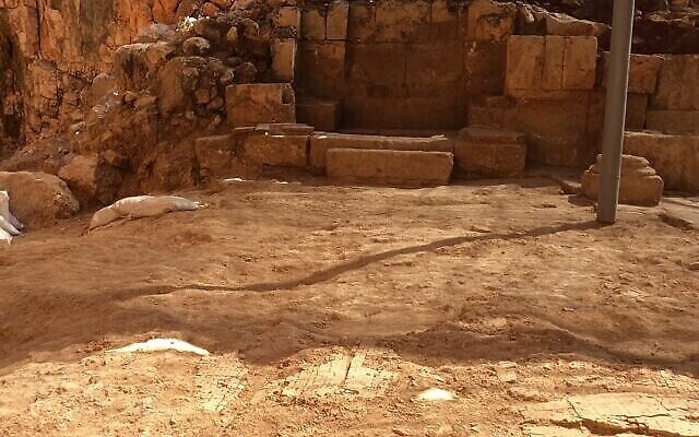 Le sol en mosaïque orné de croix d'une église byzantine datant d'environ l'an 400, découverts dans la réserve naturelle de Panéas. (Crédit : Yaniv Cohen)