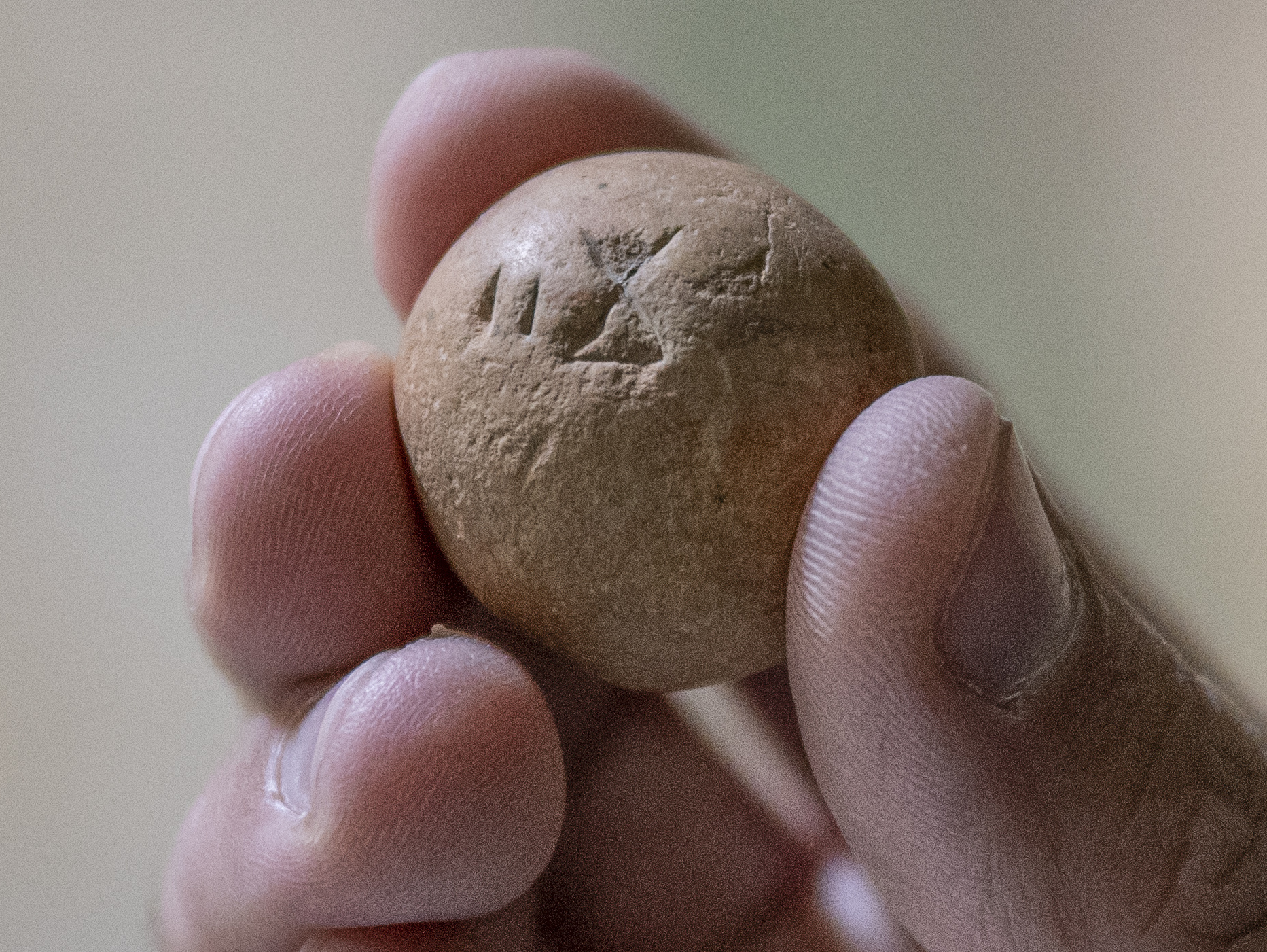 Le poids de deux shekels, vieux de 2700 ans, fabriqué en pierre calcaire (Crédit : Shai Halevi, Autorité israélienne des antiquités)