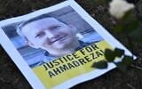 Photo prise le 13 février 2017 d'un tract lors d'une manifestation devant l'ambassade d'Iran à Bruxelles pour Ahmadreza Djalali, un universitaire iranien détenu à Téhéran depuis près d'un an et qui aurait été condamné à mort pour espionnage. (Crédit : DIRK WAEM / Belga / AFP)