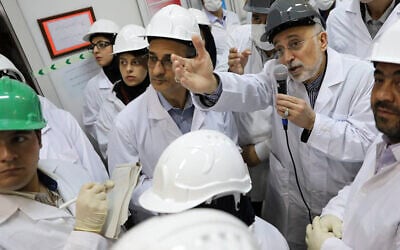 Sur cette photo publiée le 4 novembre 2019 par l'Organisation iranienne de l'énergie atomique, Ali Akbar Salehi, directeur de l'organisation, s'entretient avec les médias lors de la visite de l'installation d'enrichissement de Natanz, dans le centre de l'Iran. (Organisation de l'énergie atomique d'Iran via AP)