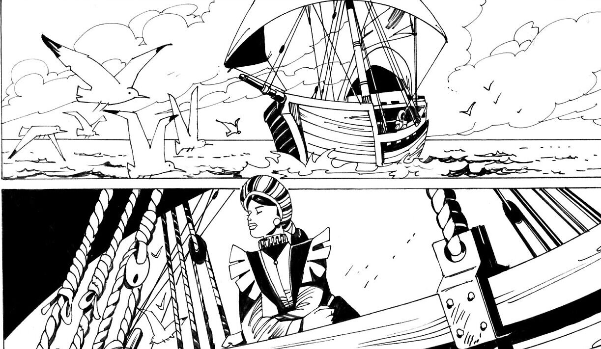 Gracia Nasi part à Anvers sur une vignette de "La Juive errante", une histoire écrite par Gianluca Piredda et illustrée par Leo Sgarbi. (Autorisation : Piredda)