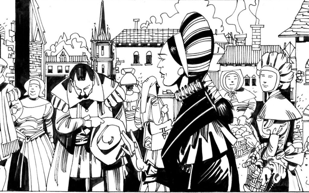 Gracia Nasi à Anvers sur une vignette de "La Juive errante", une histoire écrite par Gianluca Piredda et illustrée par Leo Sgarbi. (Autorisation : Piredda)