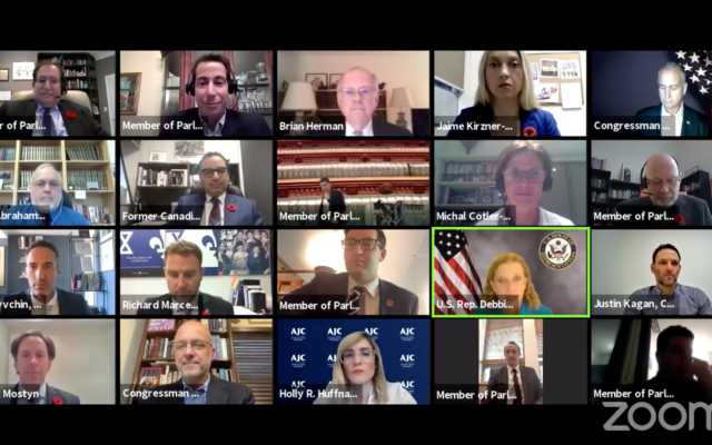 Un groupe de travail interparlementaire sur la lutte contre l'antisémitisme se réunit via Zoom, le 10 novembre 2020. (Capture d'écran Zoom) Un groupe de travail interparlementaire sur la lutte contre l'antisémitisme se réunit via Zoom, le 10 novembre 2020. (Capture d'écran Zoom)
