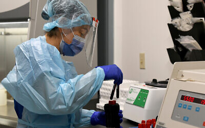 Une technicienne de laboratoire traite des échantillons sanguins dans la recherche de vaccins contre la COVID-19 à Miami, en Floride, le 2 septembre 2020. (Crédit : AP/Taimy Alvarez)