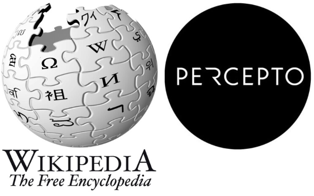 Logo Wikipédia à côté du logo de Percepto. (Image composite du Times of Israel)