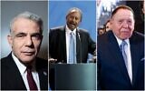 (De gauche à droite) Le président de l'opposition Yair Lapid pose pour une photo à son bureau de Tel Aviv le 21 février 2020 ; le Premier ministre du Soudan Abdalla Hamdok s'adresse aux médias lors d'une déclaration conjointe avec la chancelière allemande Angela Merkel à Berlin, Allemagne, le 14 février 2020 ; le directeur général de la Las Vegas Sands Corporation et méga donateur républicain Sheldon Adelson écoute le président américain Donald Trump lors du sommet national du Israeli American Council National Summit à Hollywood, Floride, le 7 décembre 2019. (Oded Balilty, Michael Sohn, Patrick Semansky/AP)