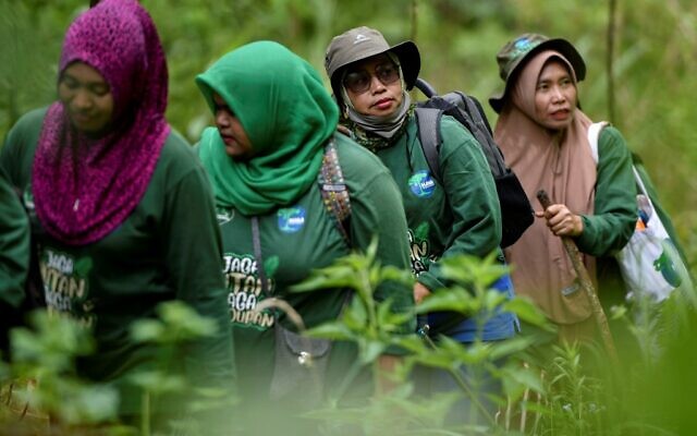 Un groupe de femmes gardes forestières patrouillant dans la forêt de Bener Meriah, dans la province d'Aceh, le 25 novembre 2020. (Crédit : CHAIDEER MAHYUDDIN / AFP) Un groupe de femmes gardes forestières patrouillant dans la forêt de Bener Meriah, dans la province d'Aceh, le 25 novembre 2020. (Crédit : CHAIDEER MAHYUDDIN / AFP)