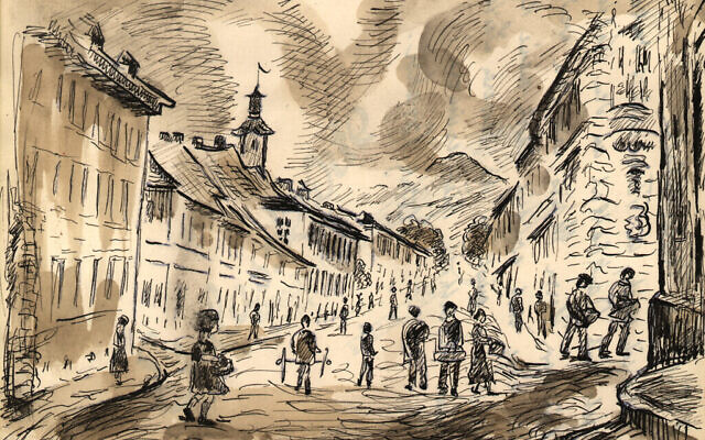 Une illustration contemporaine du ghetto de Theresienstadt tirée des journaux de Philipp Manes 1942-1944. (Crédit : Wiener Holocaust Library Collections) Une illustration contemporaine du ghetto de Theresienstadt tirée des journaux de Philipp Manes 1942-1944. (Crédit : Wiener Holocaust Library Collections)