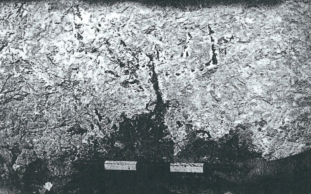 Une photographie prise dans les années 1980 de ce qui serait un dessin d'une menorah dans un tombeau datant du Second temple, à Mukhmas (Issu des archives du bureau d'archéologie en Judée-Samarie)