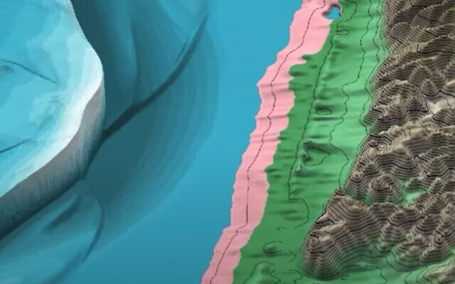 Capture d'écran d'une vidéo d'un modèle numérique créé par les chercheurs pour montrer un gigantesque tsunami qui, selon eux, s'était probablement abattu sur la côte israélienne il y a des milliers d'années. (Capture d'écran : Youtube) Capture d'écran d'une vidéo d'un modèle numérique créé par les chercheurs pour montrer un gigantesque tsunami qui, selon eux, s'était probablement abattu sur la côte israélienne il y a des milliers d'années. (Capture d'écran : Youtube)