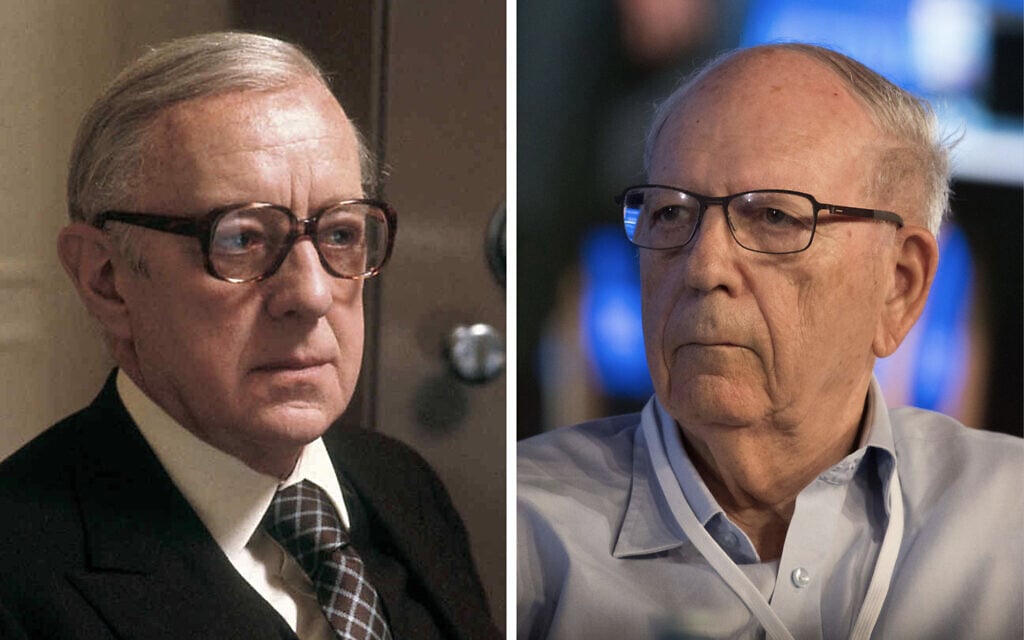 Alec Guinness dans le rôle de George Smiley (à gauche) ; et l'ancien chef du Mossad Efraim Halevy. (Photo combinée : Acorn Media et Yonatan Sindel/Flash90) Alec Guinness dans le rôle de George Smiley (à gauche) ; et l'ancien chef du Mossad Efraim Halevy. (Photo combinée : Acorn Media et Yonatan Sindel/Flash90)
