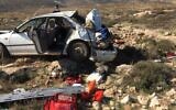 Un véhicule appartenant à des "Jeunes des Collines" qui a été accidenté alors qu'il était poursuivi par la police en Cisjordanie, le 21 décembre 2020. (United Hatzalah)