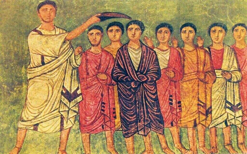 Une peinture de David fait roi par Samuel, portant la teinte pourpre royale, une œuvre du 3è siècle de l'ère commune visible à la synagogue Dura Europos (Crédit : Domaine public)