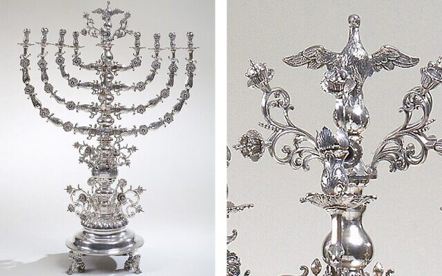 Lampe de Chanukah, 1866-72. Pologne, Lviv (Lwów, Lvov, ou Lemberg). Argent : coulé, ciselé et gravé, 33 9/16 x 23 1/8 in., 60 lb (85,3 x 58,7 cm, 27,2 kg). Prêt de la Moldovan Family Collection. (Metropolitan Museum of Art) Lampe de Chanukah, 1866-72. Pologne, Lviv (Lwów, Lvov, ou Lemberg). Argent : coulé, ciselé et gravé, 33 9/16 x 23 1/8 in., 60 lb (85,3 x 58,7 cm, 27,2 kg). Prêt de la Moldovan Family Collection. (Metropolitan Museum of Art)