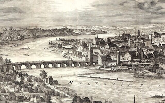 Vue de la ville de Prague, 1606, par Johannes Wechter. Le panorama présente les grands monuments de la ville - mais pas sa célèbre Synagogue vieille-nouvelle. (Metropolitan Museum of Art) Vue de la ville de Prague, 1606, par Johannes Wechter. Le panorama présente les grands monuments de la ville - mais pas sa célèbre Synagogue vieille-nouvelle. (Metropolitan Museum of Art)