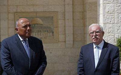 Le ministre égyptien des Affaires étrangères Sameh Shoukry, à gauche, lors d'une déclaration conjointe avec le ministre palestinien des Affaires étrangères Riyad al-Malki, à Ramallah, en Cisjordanie, le lundi 20 juillet 2020. (Crédit : Mohamad Torokman / Pool via AP)