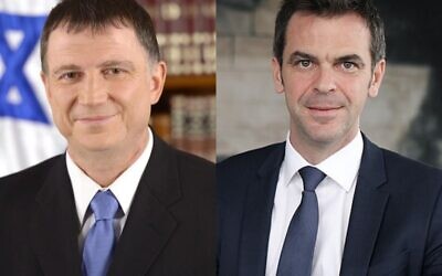 Yuli Edelstein et Olivier Véran, ministres de la Santé israélien et français. (Crédit : La France en Israël / Twitter)