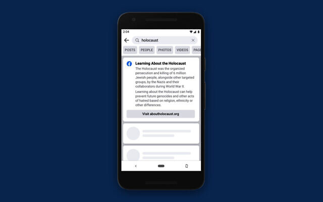 Aperçu de la nouvelle notification que Facebook utilisera pour lutter contre le négationnisme. (Facebook via JTA) Aperçu de la nouvelle notification que Facebook utilisera pour lutter contre le négationnisme. (Facebook via JTA)