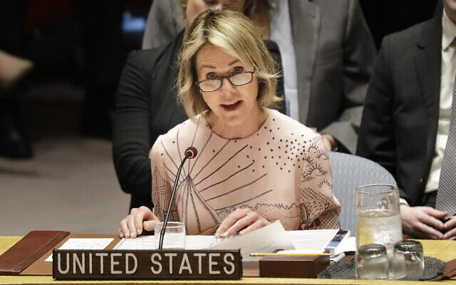 Illustration : Kelly Craft, ambassadrice des États-Unis auprès des Nations Unies, lors d'une réunion du Conseil de sécurité au siège des Nations unies, le 11 février 2020. (Crédit : AP Photo / Seth Wenig)