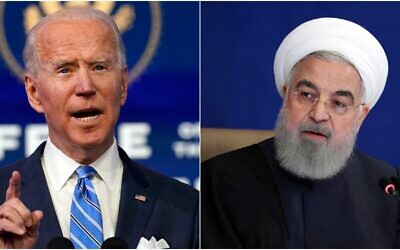 À gauche : le président américain élu Joe Biden le 14 janvier 2021 à Wilmington, Delaware. (AP Photo/Matt Slocum) ; à droite : le président iranien Hassan Rouhani s'exprime lors d'une réunion à Téhéran, Iran, le 9 décembre 2020. (Bureau de la présidence iranienne via AP)