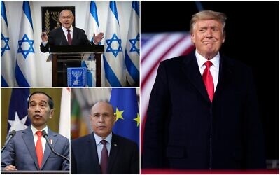 De haut en bas, dans le sens des aiguilles d'une montre : Le Premier ministre  Benjamin Netanyahu, le président américain Donald Trump, le président mauritanien Mohamed Ould El-Ghzaouani et le président indonésient Joko Widodo. (Crédit : Collage/AP)