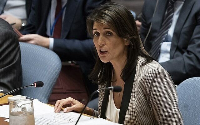 L'ambassadrice des Etats-Unis auprès de l'ONU, Nikki Haley, s'adresse au Conseil de sécurité des Nations Unies, dans le bâtiment de l'ONU à New York, le 26 novembre 2018. (Don EMMERT / AFP) L'ambassadrice des Etats-Unis auprès de l'ONU, Nikki Haley, s'adresse au Conseil de sécurité des Nations Unies, dans le bâtiment de l'ONU à New York, le 26 novembre 2018. (Don EMMERT / AFP)