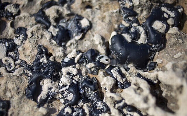 Des morceaux de goudron provenant d'une fuite de pétrole sur des pierres de la mer méditerranée dans la réserve naturelle de Gador, près de Hadera, le 20 février 2021. (Crédit : AP Photo/Ariel Schalit)