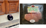 À gauche : le cochon en peluche et le paquet de lardons déposés devant la synagogue de Lausanne le 30 janvier. À droite : un des paquets de filet de porc retrouvé devant le centre communautaire du GIL à Genève, le 3 février. (Crédit : CICAD)