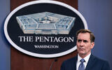 Le porte-parole du Pentagone John Kirby pendant un point-presse à Washington, le 17 février 2021. (Crédit : AP Photo/Alex Brandon, File)